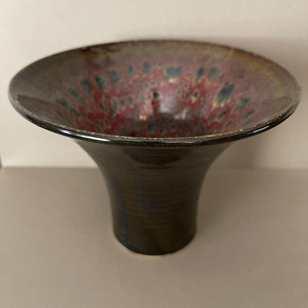 Studio Art Pottery Ikibana Style Trumpet Vase Speckled Glaze Signed‎ Dated